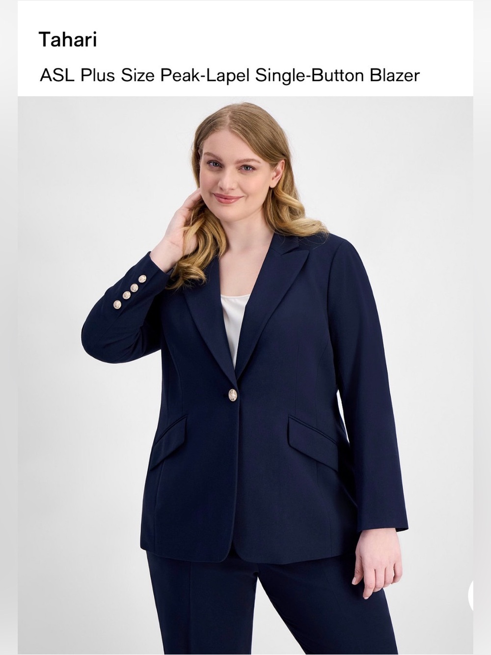 Tahari Navy ASL Plus Size Peak-Lapel Single-Button Blazer